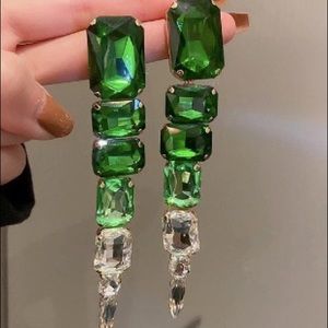 Green Crystal Long Dangle Statement Earrings